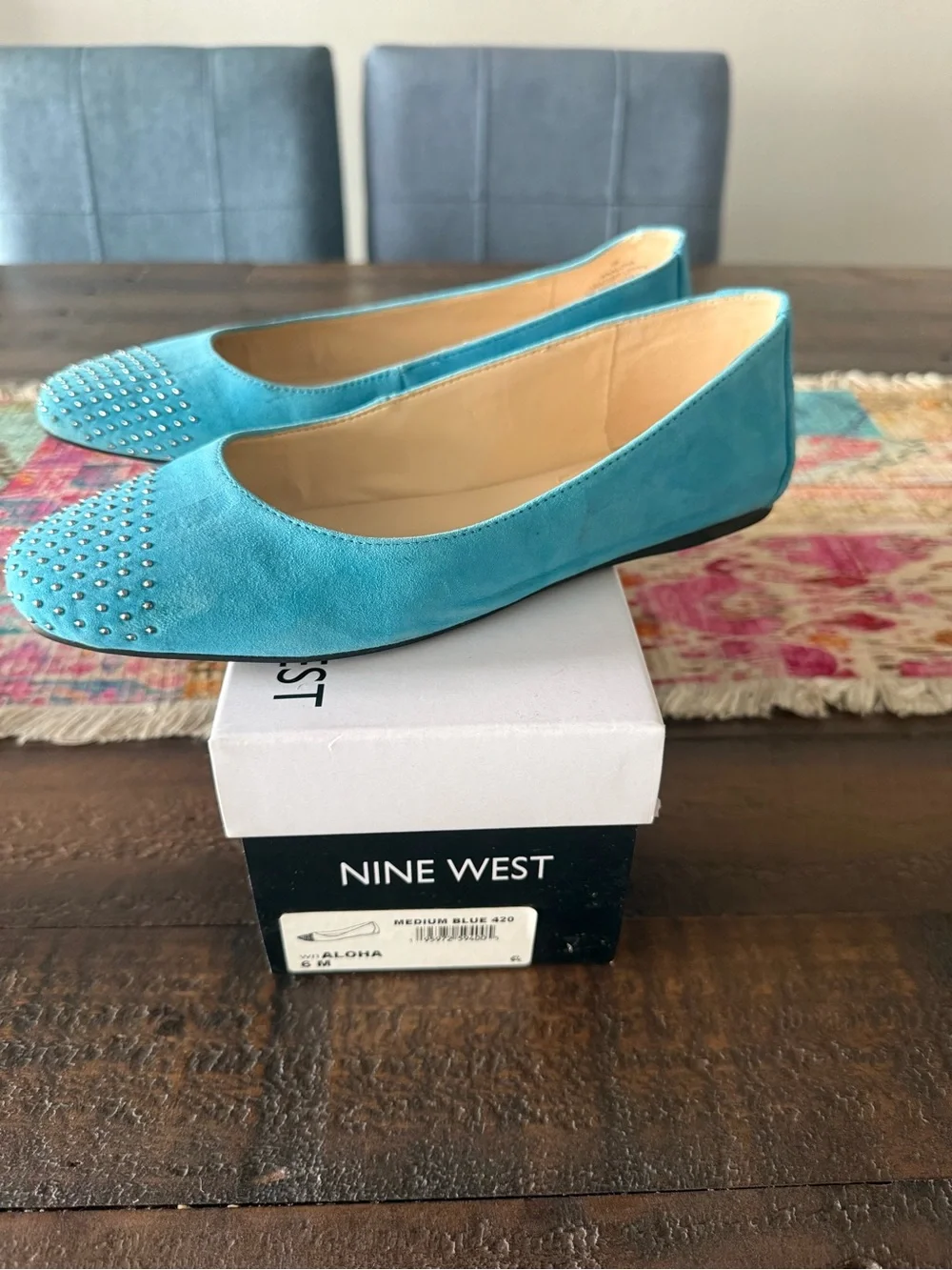 Nine West Women’s Turquoise Studded Suede Ballet Flats - Aloha Medium Blue Sz 6